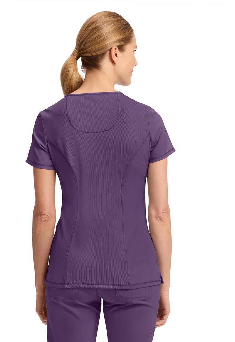 Cherokee Infinity Womens Mock Wrap Scrub Top, 4 Pockets, Rib-Knit Panel, Moisture-Wicking 360Â° Stretch - 2625A, M, Eggplant - Image 2